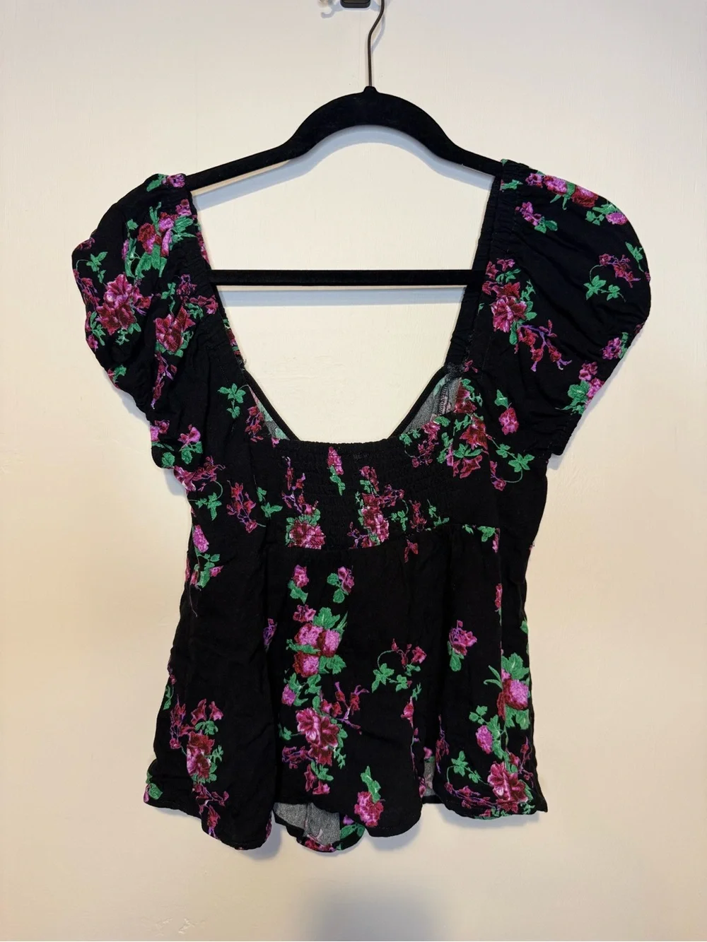 FREE PEOPLE Close to You Romantic Floral Print Blouse Buttons Puff Sleeve Sz S
